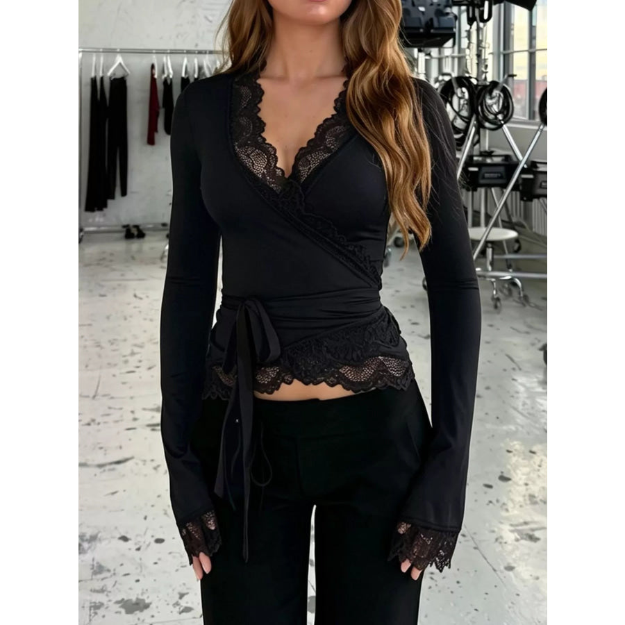Lace-Trimmed Long Sleeve Wrap T-Shirt Black / S Apparel and Accessories