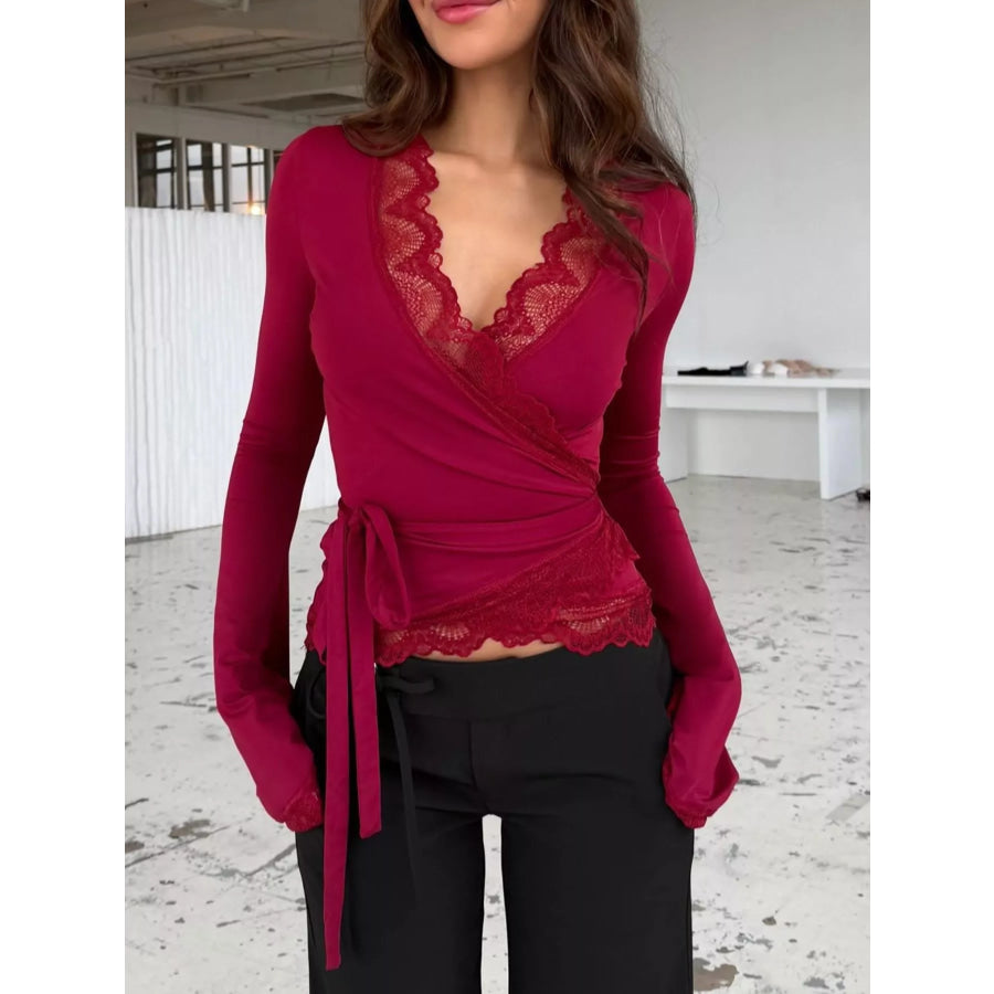 Lace-Trimmed Long Sleeve Wrap T-Shirt Red / S Apparel and Accessories