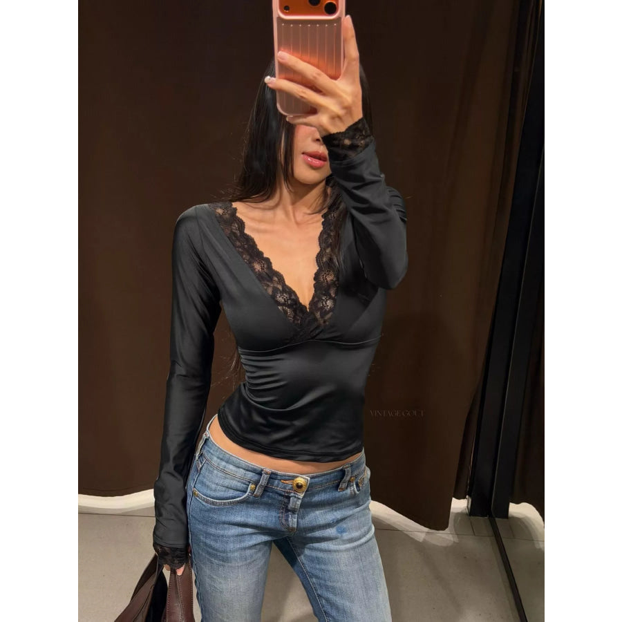 Lace-Trimmed Long Sleeves Wrap Blouse Apparel and Accessories