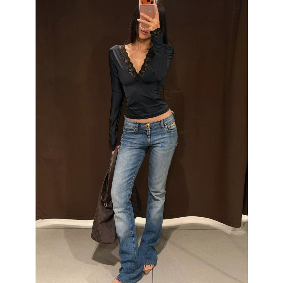 Lace-Trimmed Long Sleeves Wrap Blouse Apparel and Accessories