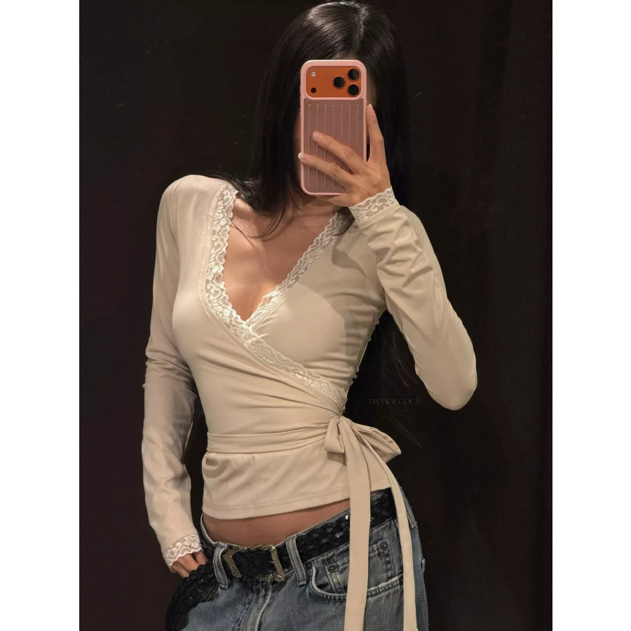 Lace-Trimmed Long Sleeves Wrap Blouse Apparel and Accessories