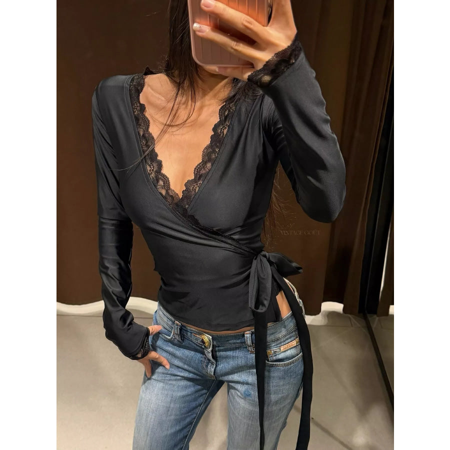 Lace-Trimmed Long Sleeves Wrap Blouse Black / S Apparel and Accessories