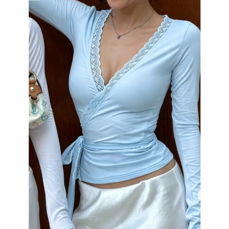 Lace-Trimmed Long Sleeves Wrap Blouse Blue / S Apparel and Accessories