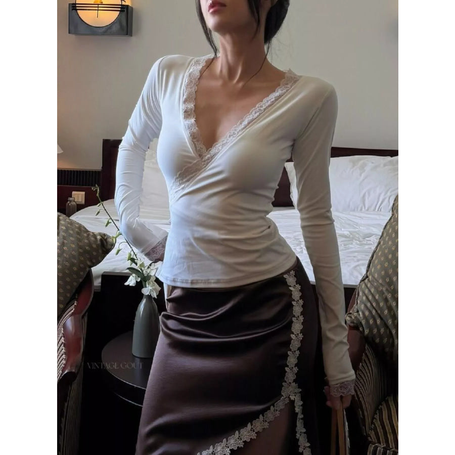 Lace-Trimmed Long Sleeves Wrap Blouse White / S Apparel and Accessories