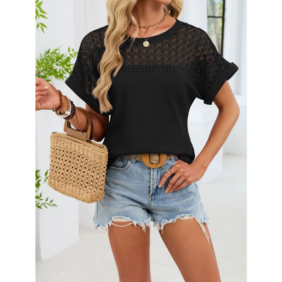 Lace-Trimmed Round Neck T-Shirt Apparel and Accessories