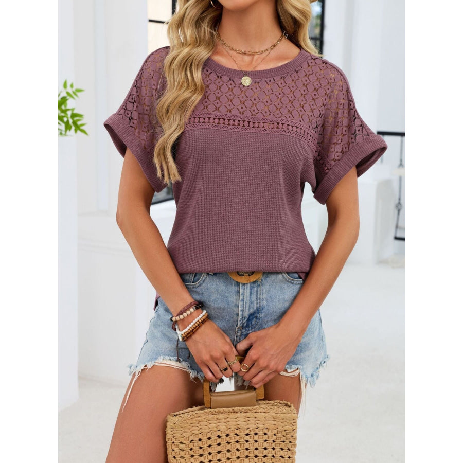 Lace-Trimmed Round Neck T-Shirt Apparel and Accessories