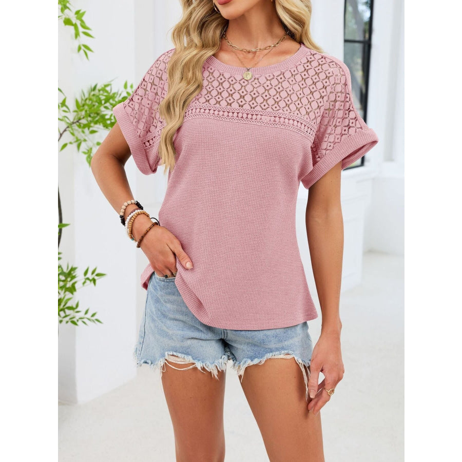 Lace-Trimmed Round Neck T-Shirt Apparel and Accessories