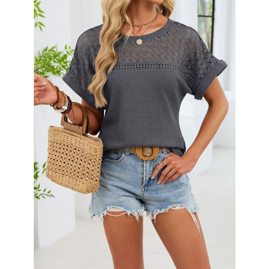 Lace-Trimmed Round Neck T-Shirt Apparel and Accessories