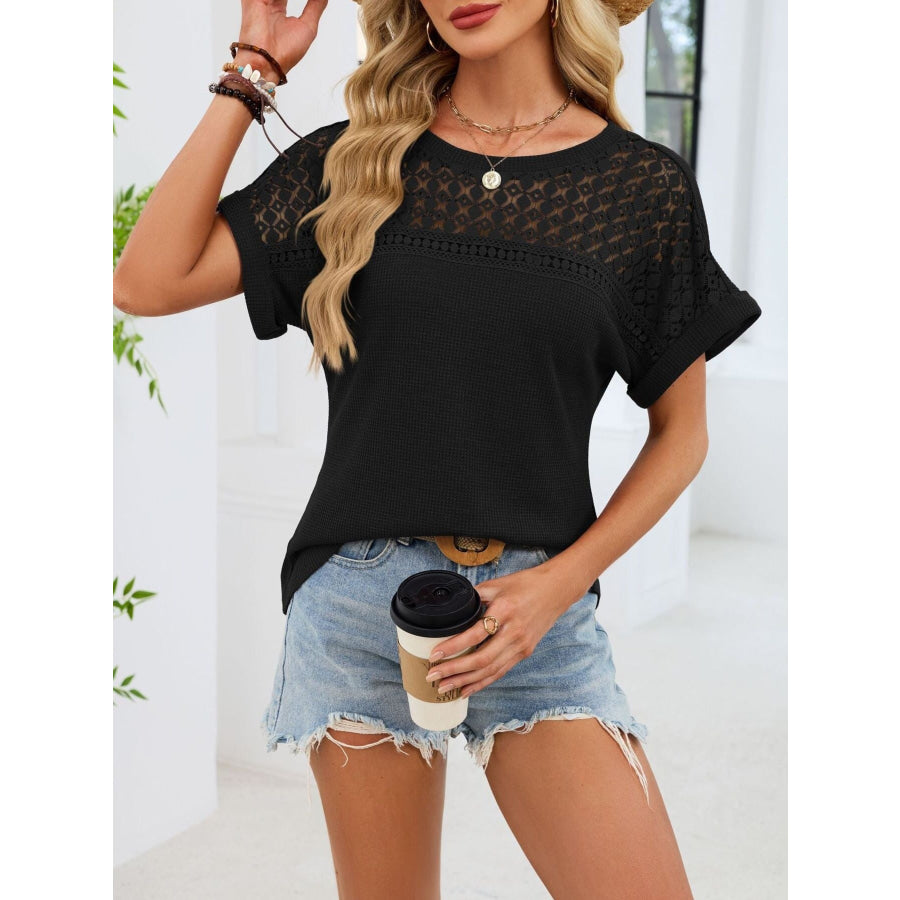 Lace-Trimmed Round Neck T-Shirt Apparel and Accessories