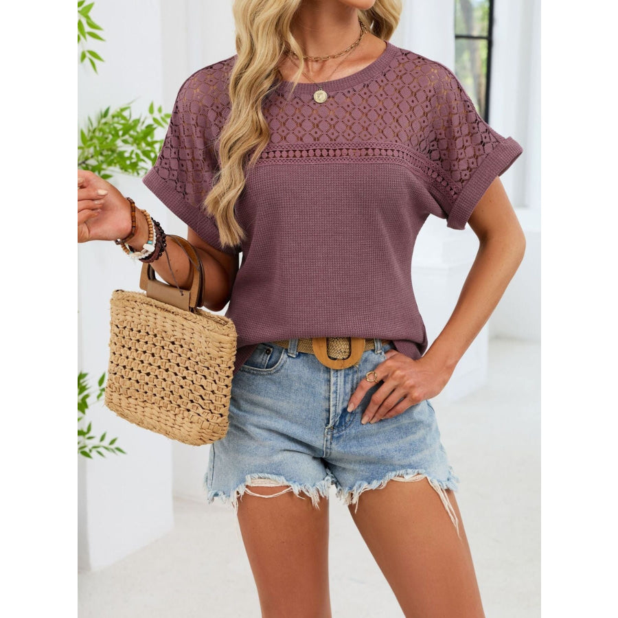 Lace-Trimmed Round Neck T-Shirt Apparel and Accessories