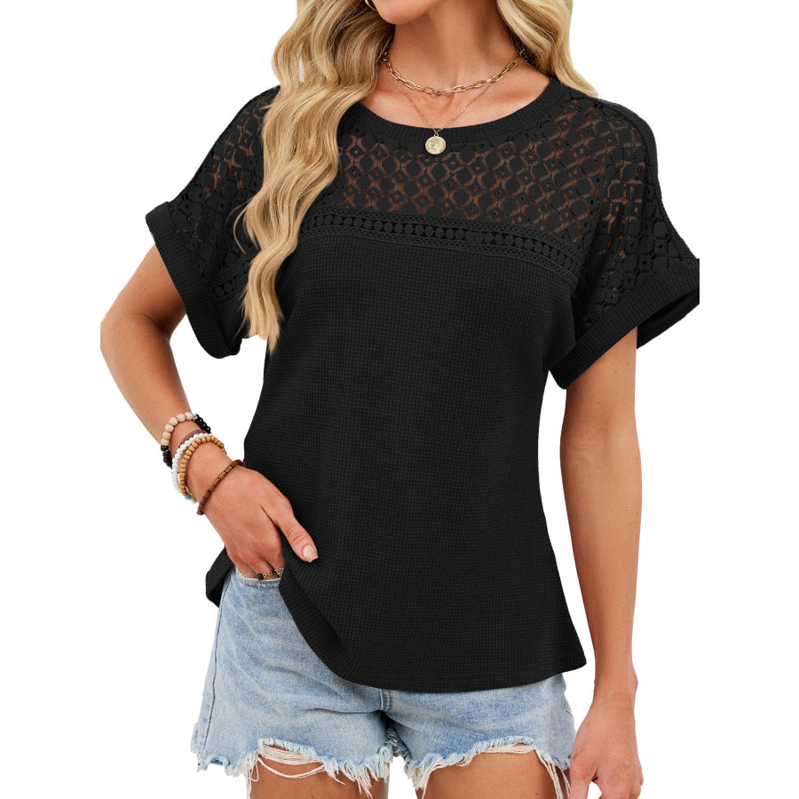 Lace-Trimmed Round Neck T-Shirt Black / S Apparel and Accessories