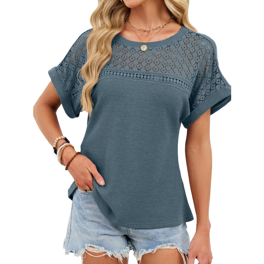 Lace-Trimmed Round Neck T-Shirt Blue Gray / S Apparel and Accessories