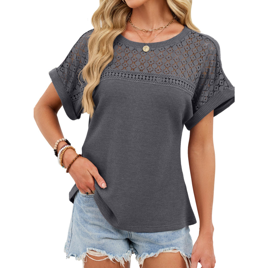 Lace-Trimmed Round Neck T-Shirt Gray / S Apparel and Accessories