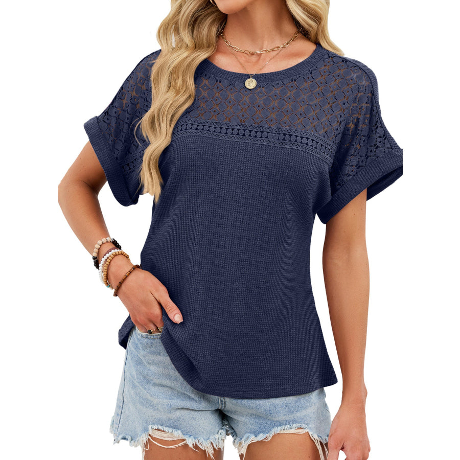 Lace-Trimmed Round Neck T-Shirt Navy Blue / S Apparel and Accessories