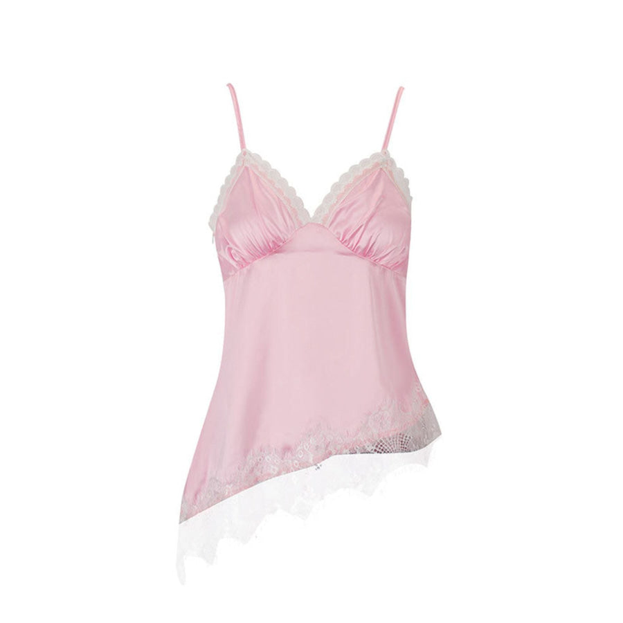 Lace Trimmed Satin Cami Pink / S Apparel and Accessories