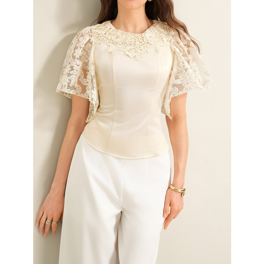 Lace Trimmed Short Sleeve Blouse Apparel and Accessories