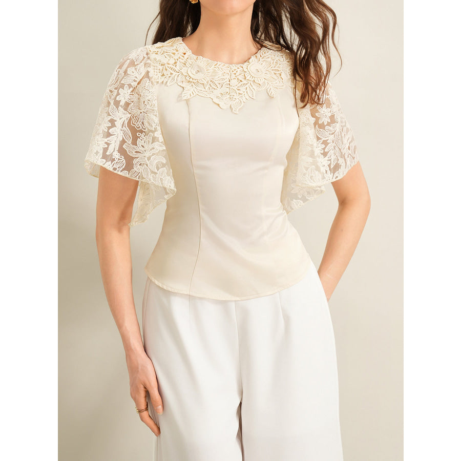 Lace Trimmed Short Sleeve Blouse Apparel and Accessories