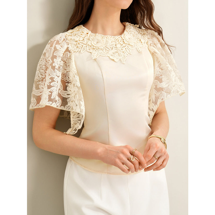 Lace Trimmed Short Sleeve Blouse Apricot / S Apparel and Accessories