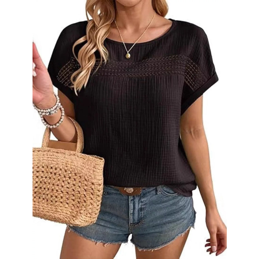 Lace Trimmed Short Sleeve Blouse Black / S Apparel and Accessories