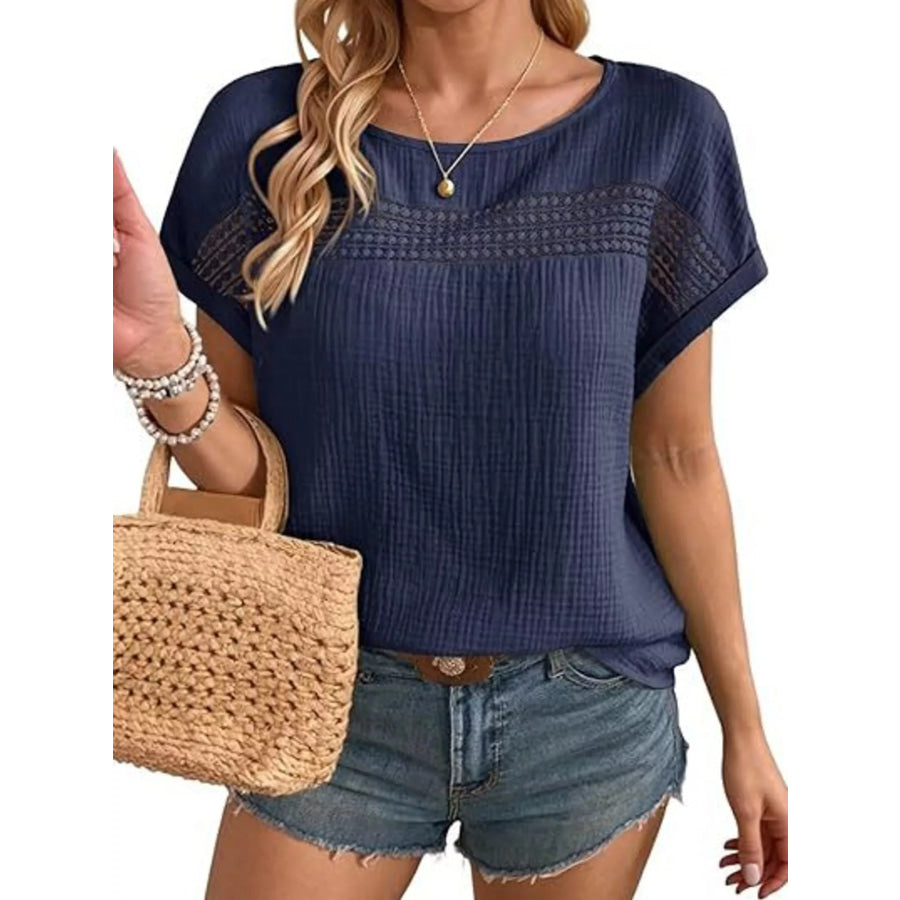 Lace Trimmed Short Sleeve Blouse Dark Blue / S Apparel and Accessories
