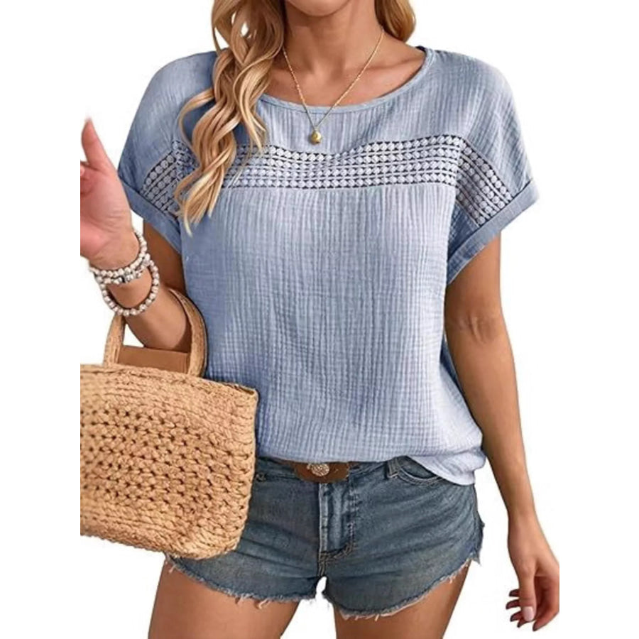 Lace Trimmed Short Sleeve Blouse Light Blue / S Apparel and Accessories