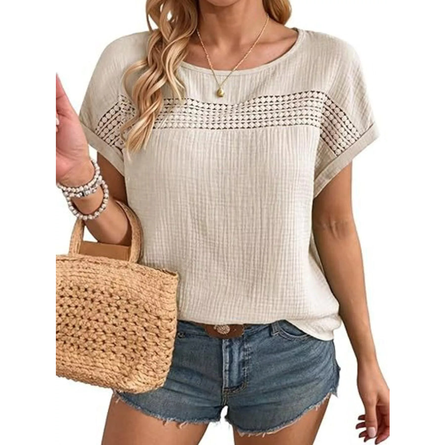 Lace Trimmed Short Sleeve Blouse Tan / S Apparel and Accessories