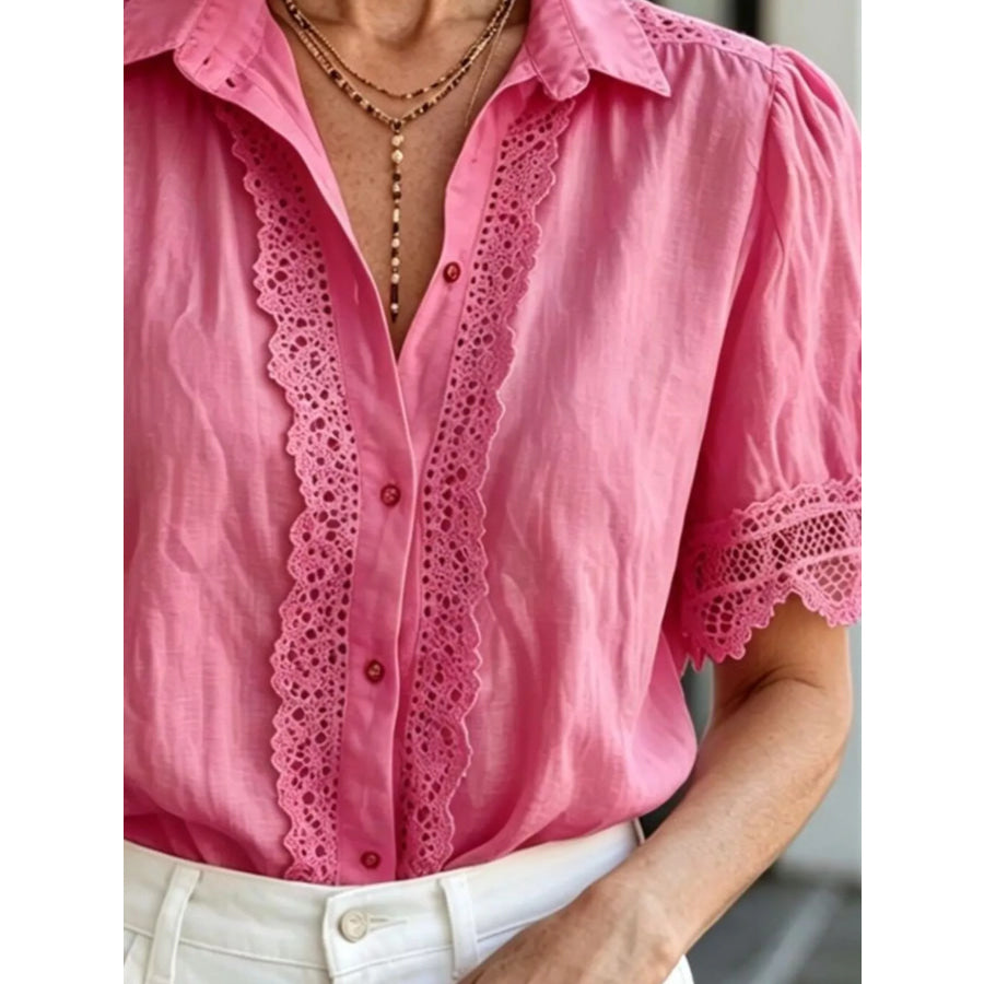 Lace-Trimmed Short Sleeve Button-Down Shirt Apparel and Accessories