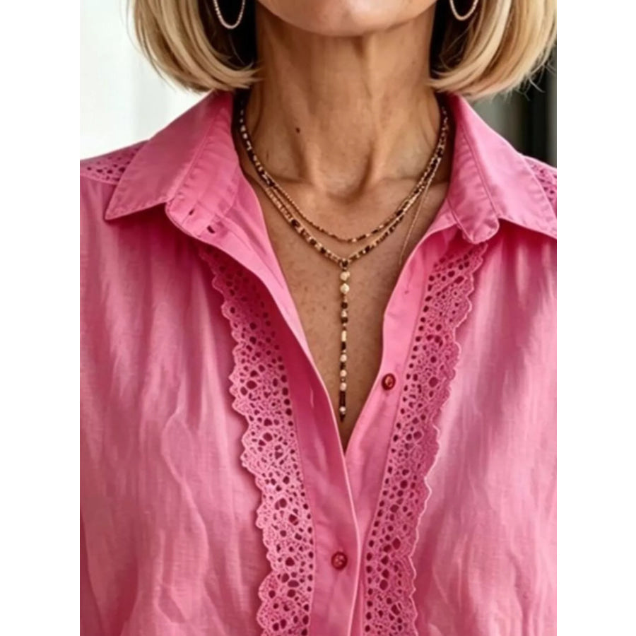 Lace-Trimmed Short Sleeve Button-Down Shirt Apparel and Accessories