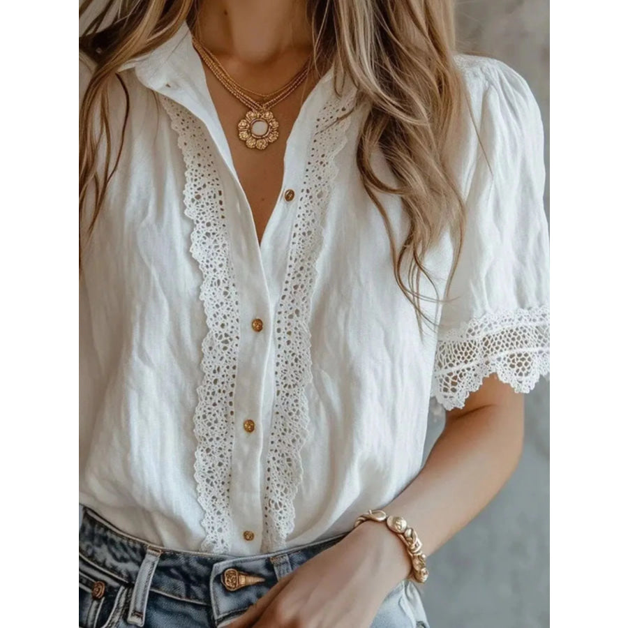 Lace-Trimmed Short Sleeve Button-Down Shirt Apparel and Accessories
