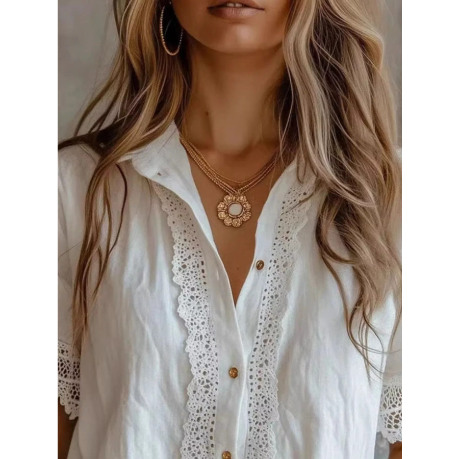 Lace-Trimmed Short Sleeve Button-Down Shirt Apparel and Accessories