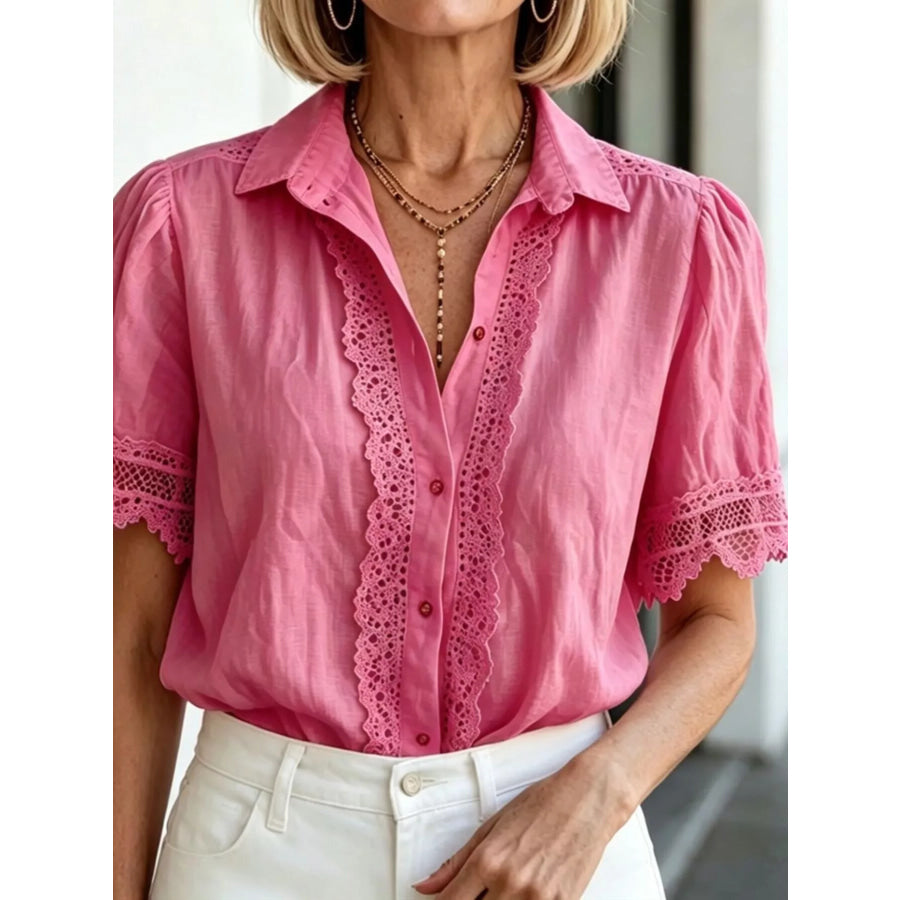 Lace-Trimmed Short Sleeve Button-Down Shirt Hot Pink / S Apparel and Accessories