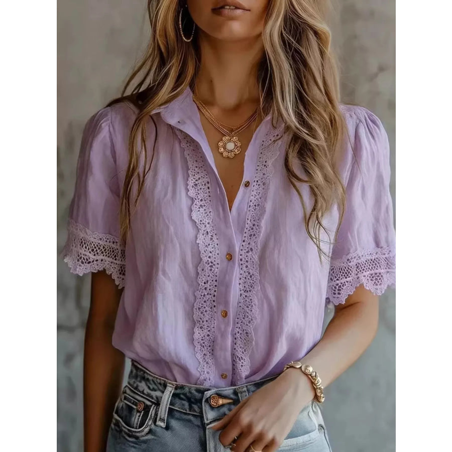 Lace-Trimmed Short Sleeve Button-Down Shirt Lavender / S Apparel and Accessories