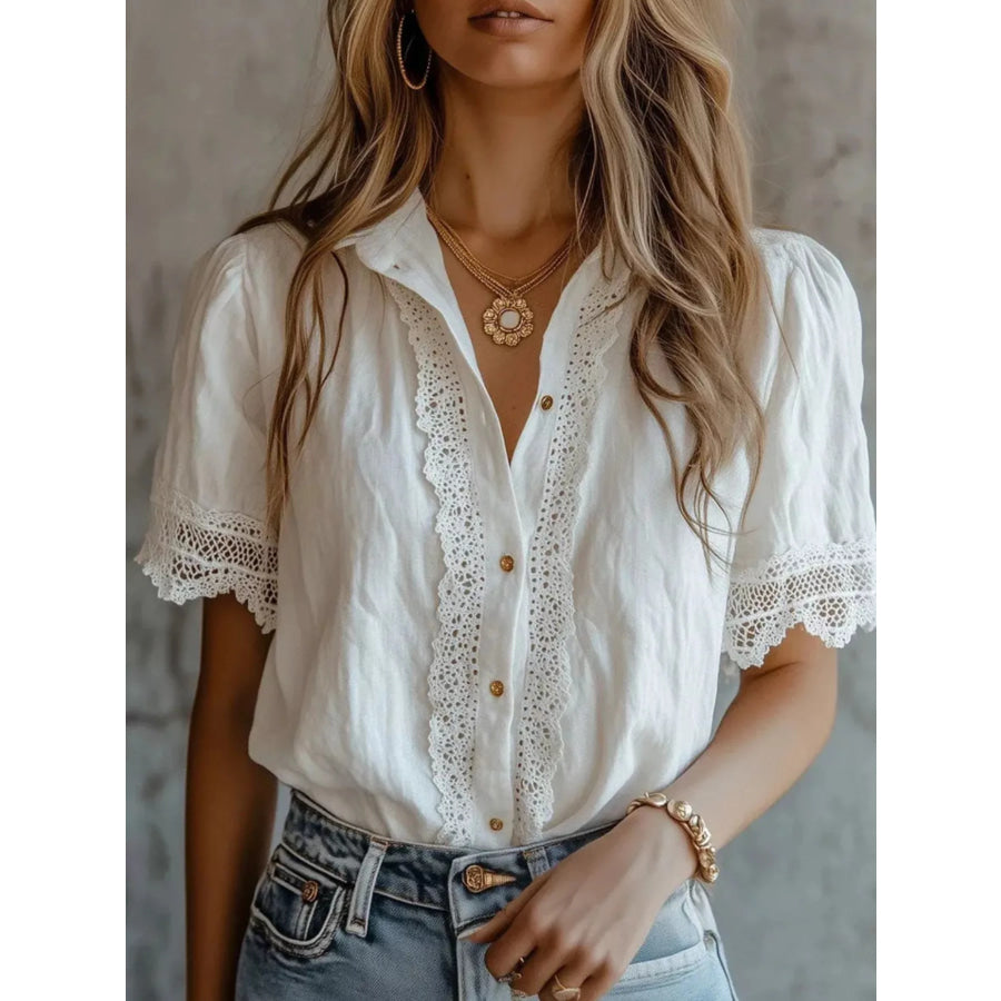Lace-Trimmed Short Sleeve Button-Down Shirt White / S Apparel and Accessories