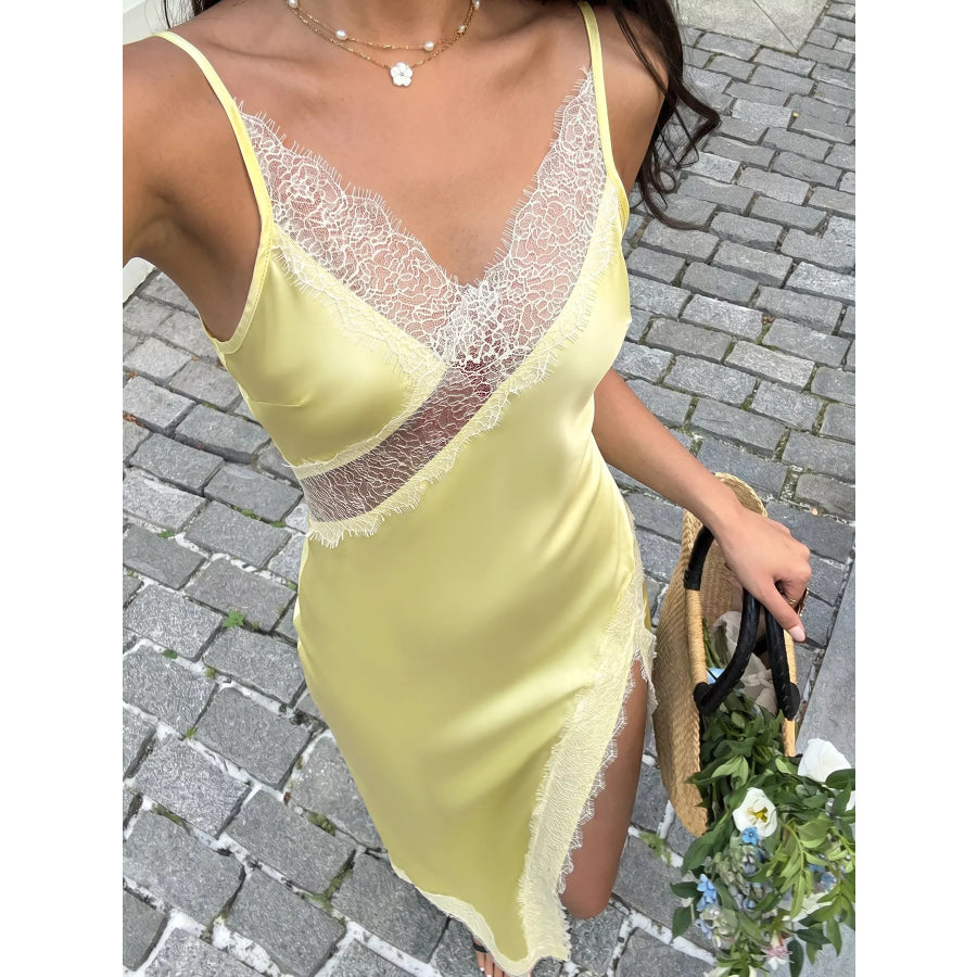 Lace Trimmed Slit Midi Dress Apparel and Accessories