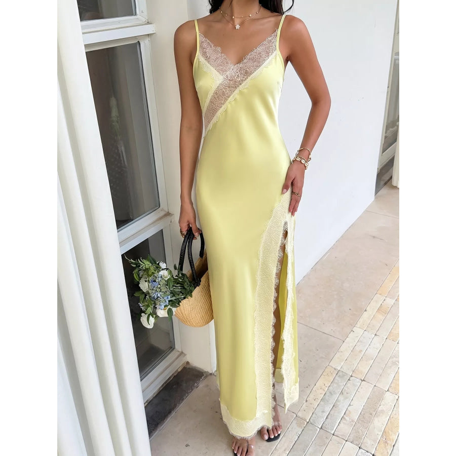Lace Trimmed Slit Midi Dress Apparel and Accessories