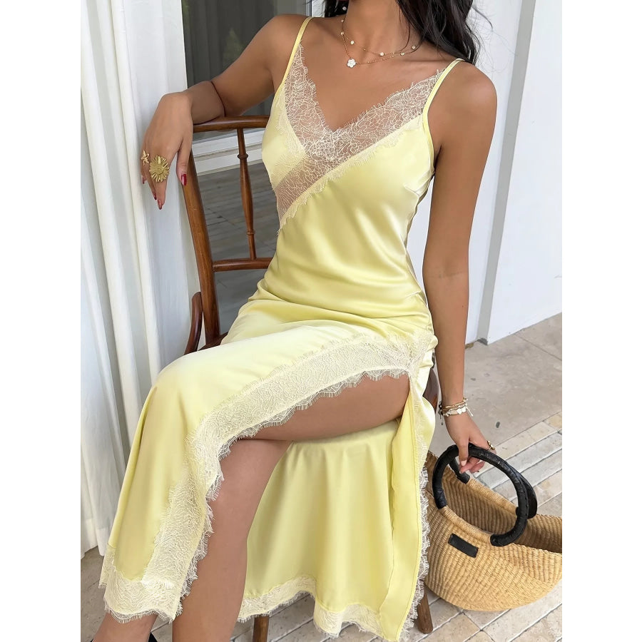 Lace Trimmed Slit Midi Dress Apparel and Accessories