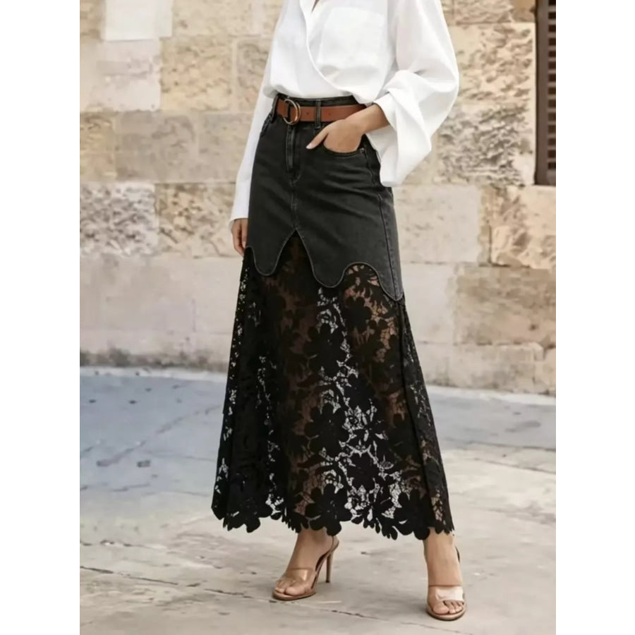 Lace Trimmed Slit Skirt Black / S Apparel and Accessories