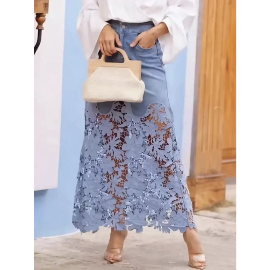 Lace Trimmed Slit Skirt Blue / S Apparel and Accessories