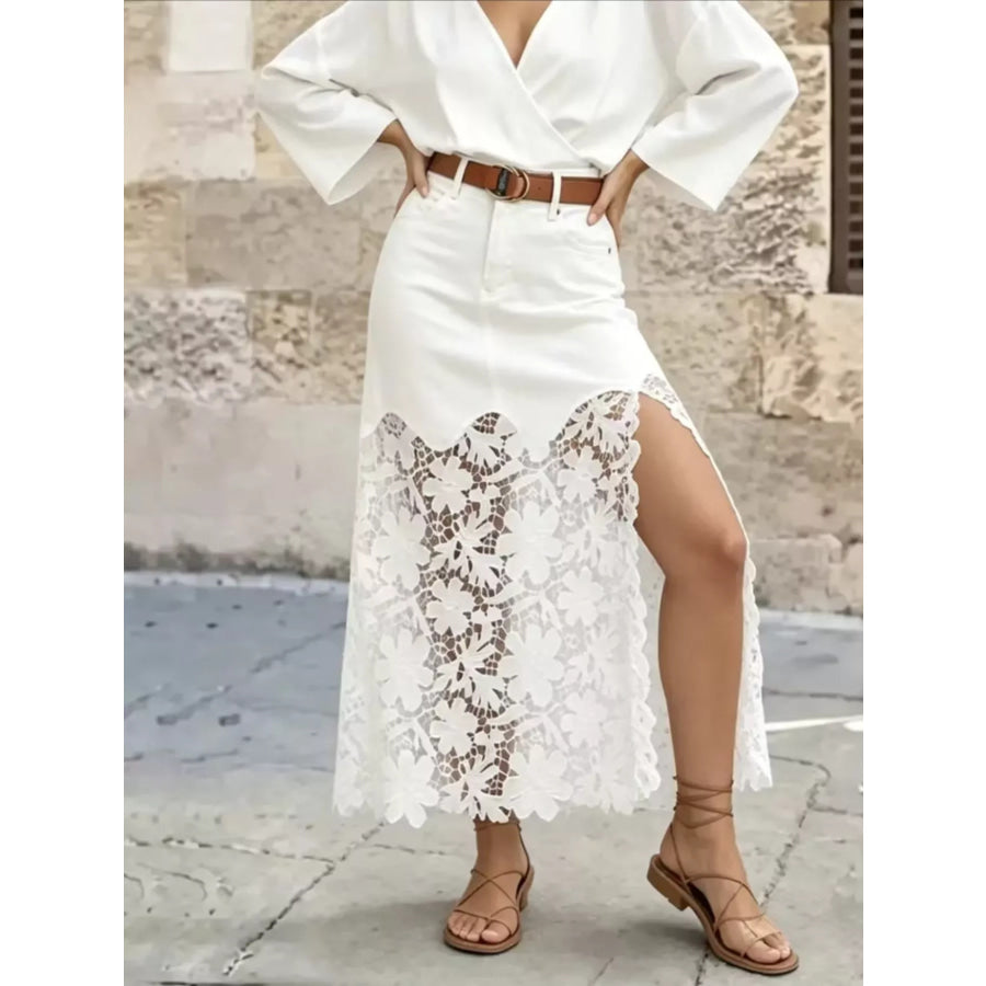 Lace Trimmed Slit Skirt White / S Apparel and Accessories