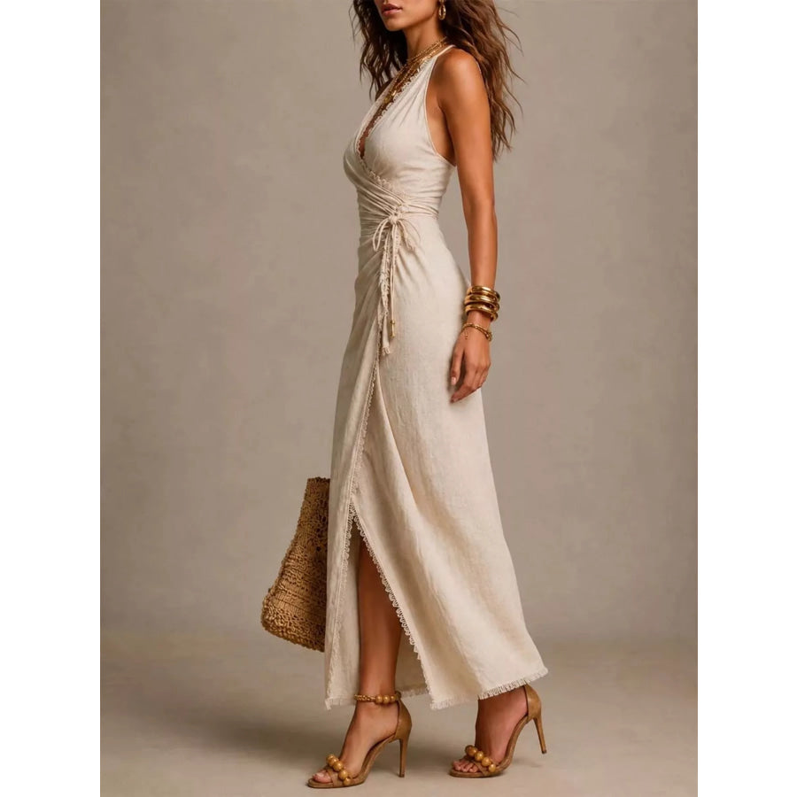 Lace-Trimmed Slit Wrap Midi Dress Beige / S Apparel and Accessories