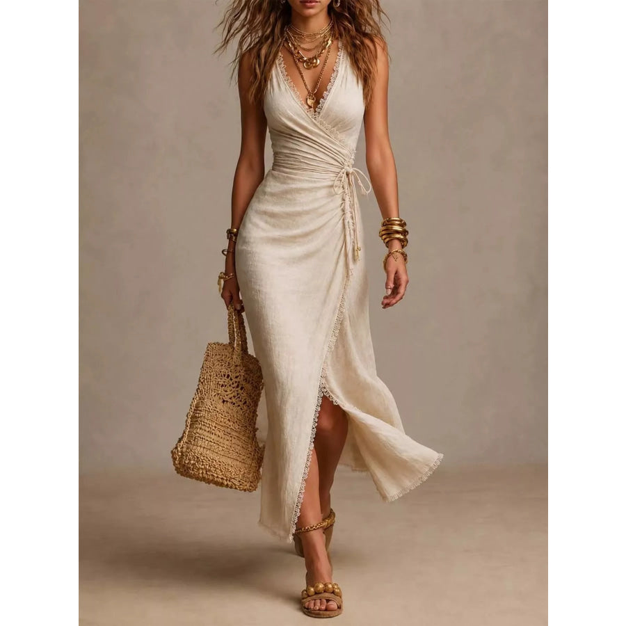 Lace-Trimmed Slit Wrap Midi Dress Beige / S Apparel and Accessories