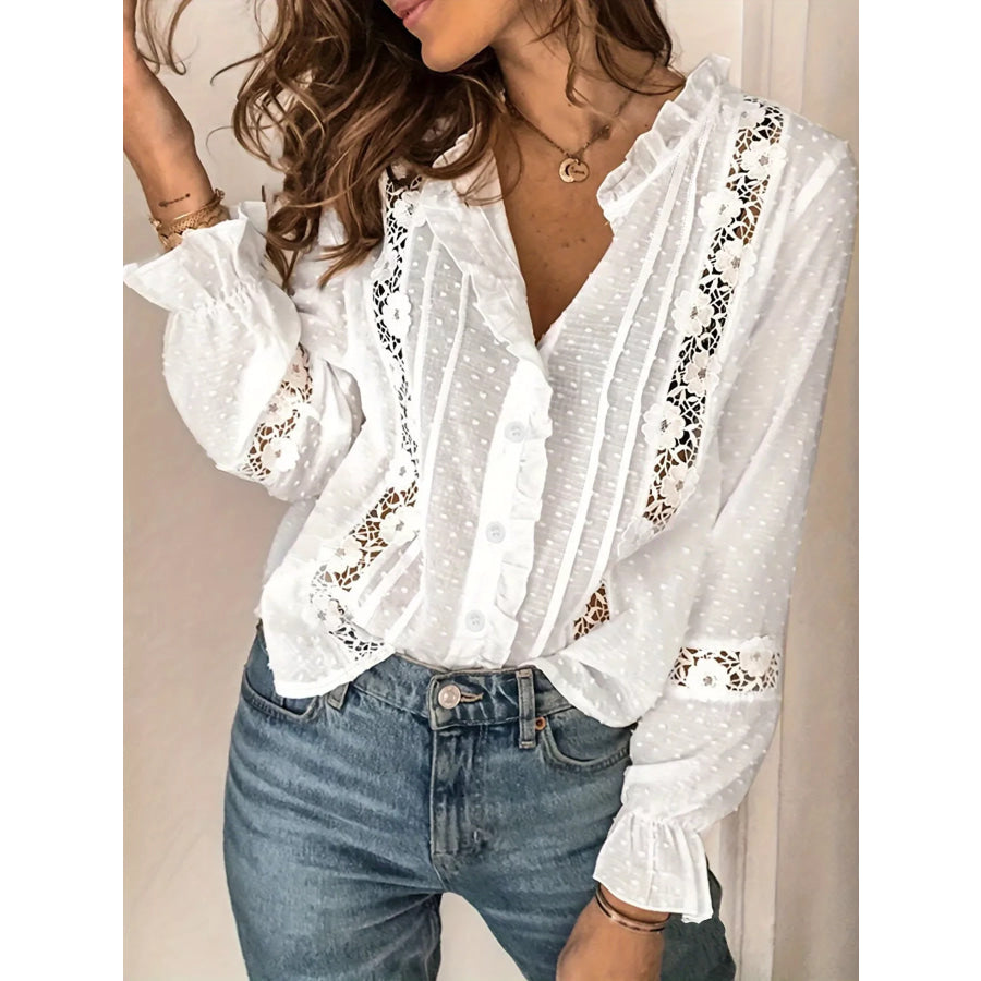 Lace Trimmed Swiss Dot Shirt White / S Apparel and Accessories