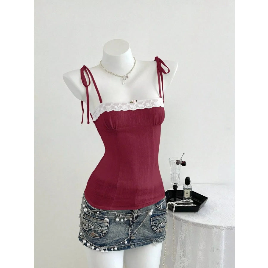 Lace-Trimmed Tie Shoulder Cami Burgundy / S Apparel and Accessories