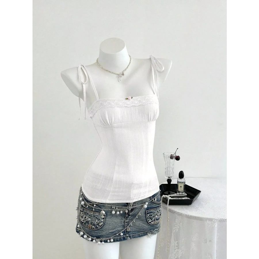 Lace-Trimmed Tie Shoulder Cami White / S Apparel and Accessories