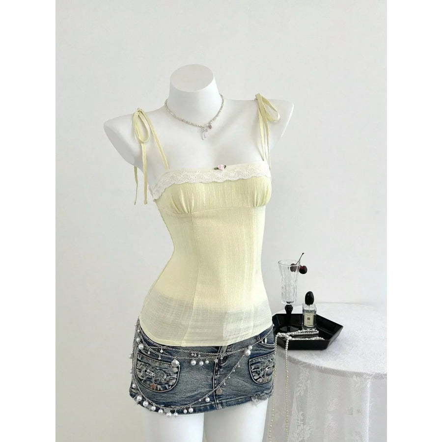 Lace-Trimmed Tie Shoulder Cami Yellow / S Apparel and Accessories