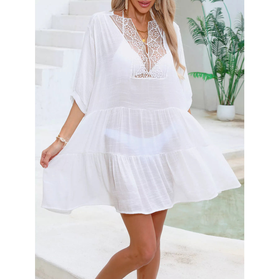 Lace Trimmed Tiered Cover-Up Dress White / One Size Apparel and Accessories