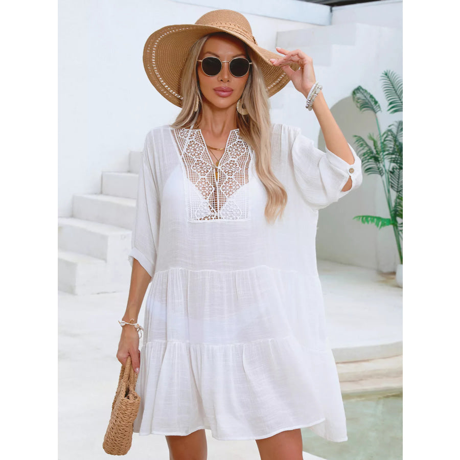 Lace Trimmed Tiered Cover-Up Dress White / One Size Apparel and Accessories