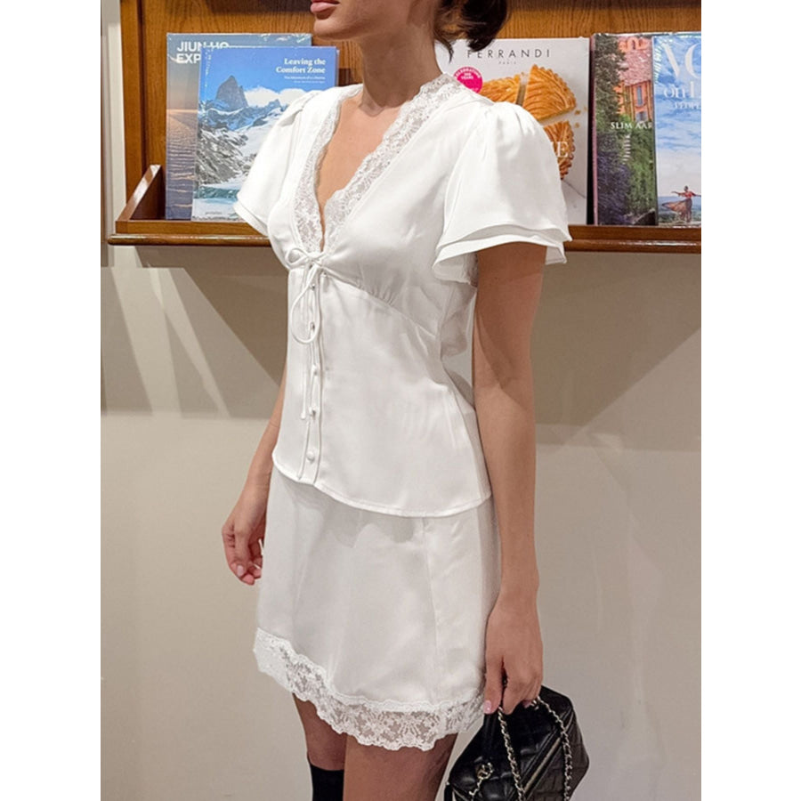 Lace Trimmed Top and Skirt Two-Piece Set Apparel and Accessories