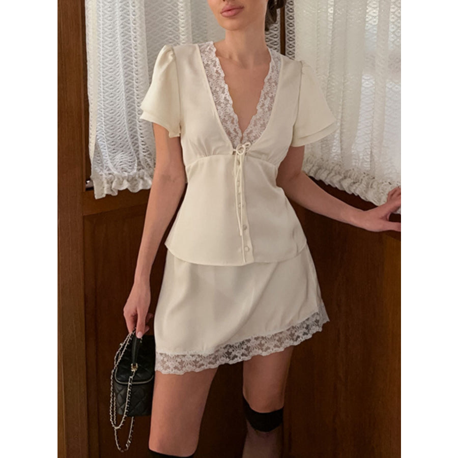 Lace Trimmed Top and Skirt Two-Piece Set Apparel and Accessories
