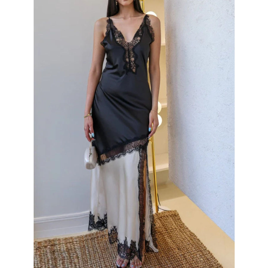 Lace Trimmed Two-Tone Slip Dress Black / S Apparel and Accessories